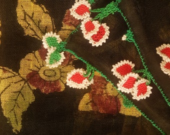 vintage turkish scarf, hand stamped, needle lace trim, black cotton