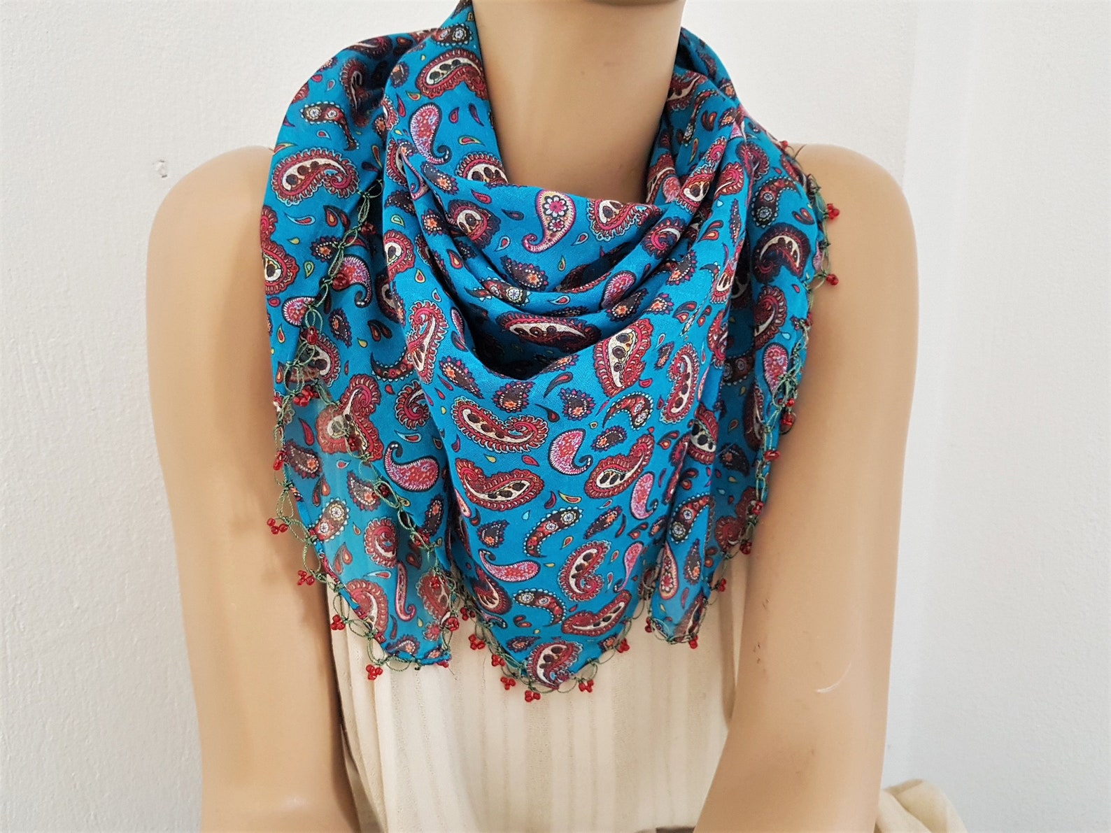 Turquoise Cotton Scarf With Paisly Pattern and Beaded Edge Etsy New