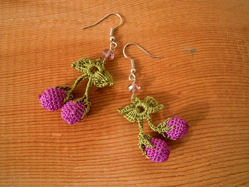 Purple crochet cherry earrings Etsy