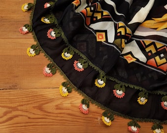 black cotton scarf with flower trim, turkish oya scarf, bohemian scarf