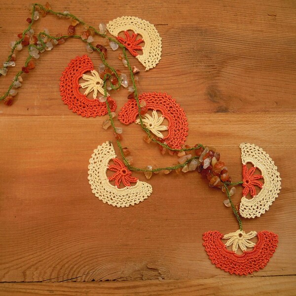 crochet necklace, orange, cream, green