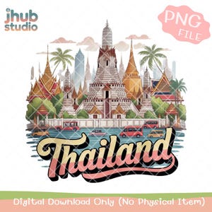 Flat Design Thailand Illustration | Bangkok Landmarks PNG | Retro Travel Clipart for T-Shirt, Poster, Sublimation