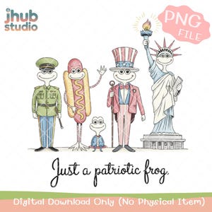 Divertente rana patriottica in formato PNG - Clipart a sublimazione del 4 luglio, personaggi in costume vintage americano, download digitale di "Just a Patriotic Frog"
