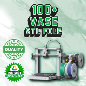 Könnte beinhalten: Ein 3D-Drucker mit einem weißen Rahmen und einer schwarzen Basis. Der Drucker hat eine Spule mit grünem Filament und eine Spule mit blauem Filament, die an der Seite befestigt sind. Der Drucker steht auf einem grün-weißen Marmorhintergrund. Der Text "100+ VASE STL FILE" ist in grünen Buchstaben auf weißem Hintergrund. Der Text "PREMIUM QUALITY" ist in grünen Buchstaben auf weißem Hintergrund mit einem Sternmuster. Der Text "INSTANT DOWNLOAD" ist in grünen Buchstaben auf weißem Hintergrund mit einem Cloud-Symbol.