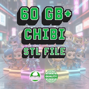 以下が含まれることがあります： 様々な鎧と武器のデザインが施された、チビスタイルのフィギュアのコレクションが特徴の画像。カラフルなプラットフォームで照らされています。テキストオーバーレイは、緑と白で「60 GB+ CHIBI STL FILE」と表示され、「Instant Download」と「Premium Quality」のシールが付いています。