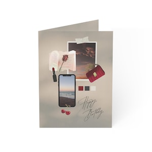 Cartão de aniversário estilo moodboard para ela | Estética estilo Pinterest em tons neutros | Cartão de aniversário com inspiração vintage
