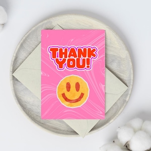Rétro carte de remerciements rose | Personnalisée 5 x 7 smileys avec des éléments inspirés des années 90 | Carte de remerciement ou d'appréciation personnalisée amusante