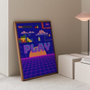 レトロゲームポスター：80年代ヴェイパーウェイヴピクセルアート「PLAY」プリント（デジタルダウンロードA4）