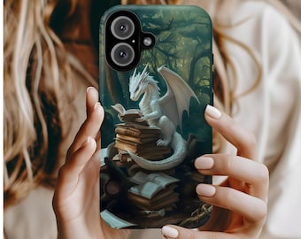 White Dragon Forest Bookish Phone Case, Dark Academia, Fantasy, iPhone 16 15 14 13 12 Pro Max Plus, Google Pixel Pro XL 9, Tough Phone Case