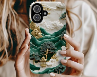 Asian Jade iPhone Case, Mountain Landscape Scenery, Aesthetic Asian Carving, Tough Phone Case Gift, IPhone 16 15 14 13 12, Google Pixel