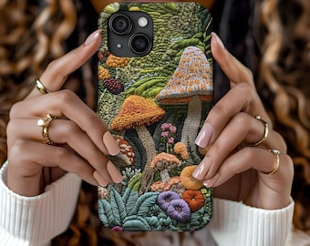 Embroidered Mushroom Phone Case, Cute Nature Phone Cover, iPhone 16 15 14 13 12 Pro Max Plus, Google Pixel Pro XL 8 9, Tough Phone Cases