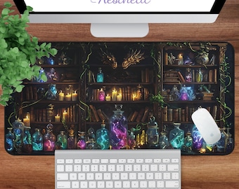 May include: A rectangular desk mat featuring a fantasy library scene with potion bottles, candles, and books. The mat has a dark background with the text "Cased Aesthetic" in the upper left corner. A keyboard and mouse are on the mat.