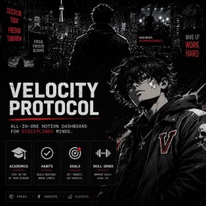 Pode incluir: Um gráfico digital para o Velocity Protocol, um painel Notion tudo-em-um. Apresenta uma personagem estilo anime com um casaco escuro, um fundo de cidade e texto incluindo Discipline Today Freedom Tomorrow, Focus Execute Elevate e Academics Habits Goals Skill Grind.