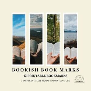 Könnte beinhalten: Druckbare Lesezeichen mit Landschaftsszenen und offenen Büchern. Das Design umfasst Bilder von Bergen, Wäldern und Seen. Der Text lautet "BOOKISH BOOK MARKS" und "12 PRINTABLE BOOKMARKS".