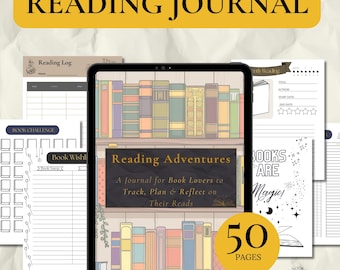 May include: A digital planner cover with a bookshelf illustration and the text "Reading Adventures: A Journal for Book Lovers to Track, Plan & Reflect on Their Reads". The cover also features the text "50 Pages".