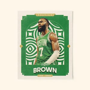 Puede incluir: Una tarjeta de baloncesto de estilo vintage con Jaylen Brown con la camiseta verde de los Celtics de Boston con el número 7. La tarjeta tiene una combinación de colores verde y crema con la palabra "BROWN" en un lugar destacado.