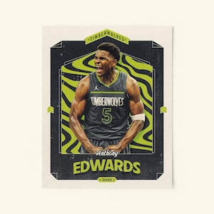 Pôster do Anthony Edwards | Impressão inspirada em cards colecionáveis do Minnesota Timberwolves | Decoração vintage da NBA