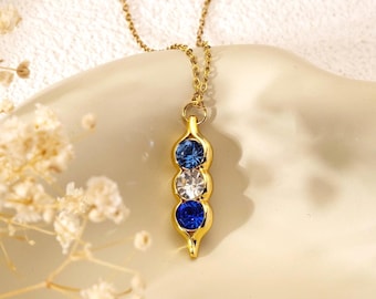 Collar con piedra de nacimiento, pulsera personalizada de oro de 18 quilates con guisantes en vaina, collar con piedra de nacimiento familiar, collar con piedras preciosas brillantes para mamá.