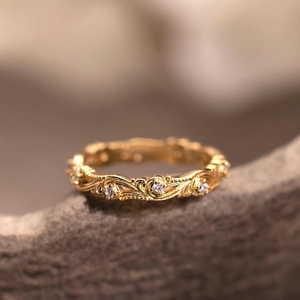 Vintage Diamond Wedding Ring,Inspired Moissanite Wedding Band,Handmade Gold Engraving Promise Ring,Full Eternity Stacking Wedding Band Women