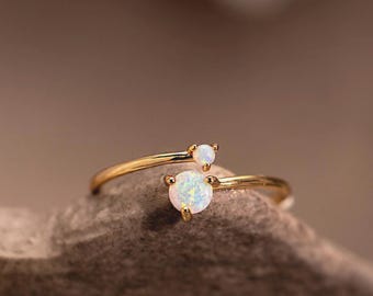 Verstellbarer Opalring, Sterlingsilber-Doppel-Opalring, Oktober Geburtssteinring, minimalistischer Stapelring, Opal-Verlobungsring, Geschenke für sie