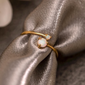 Two Stone White Opal Open Adjustable Ring, 14K Gold Plated October Birthstone Ring, Dainty Opal Ring, Birthday Christmas Gift for Women