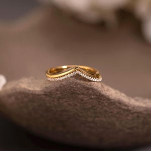 925 Sterling Silver Diamond CZ Ring, Curved Stacking Ring Set, 14K Gold Plated V Ring, Chevron Ring, Dainty Stacking Jewelry, Birthday Gift
