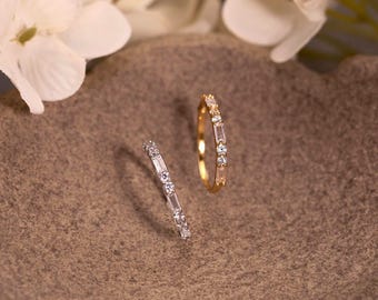Aliança de casamento com diamantes, anel de meia eternidade com baguete Art Déco e diamante redondo de laboratório, presente de madrinha para ela, joias de casamento