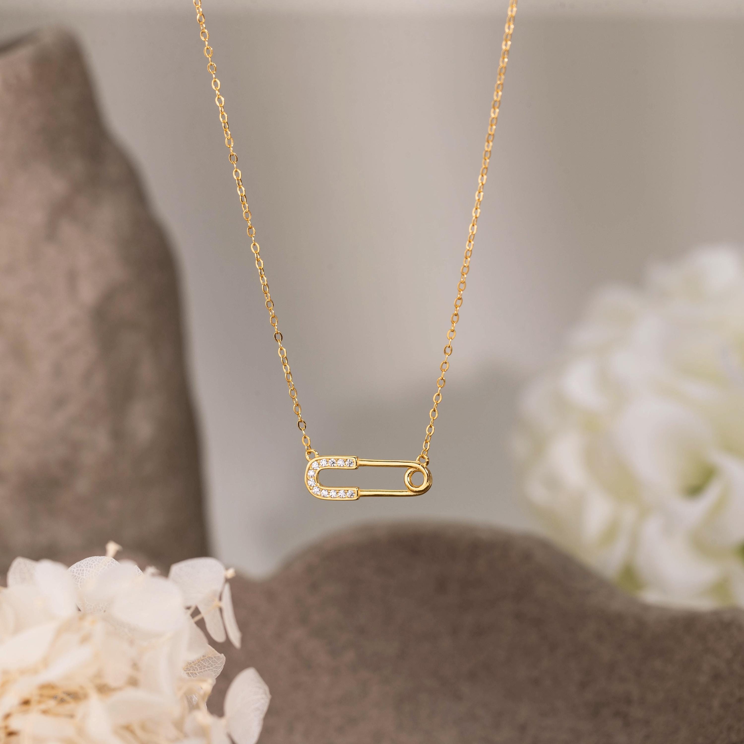 925 Sterling Silver Safety Pin Pendant Necklace,paved Zircon