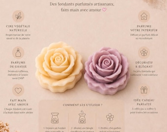 Fondants parfumés artisanaux – Cire végétale fleurs roses – Parfums de Grasse – Idée cadeau bohème chic