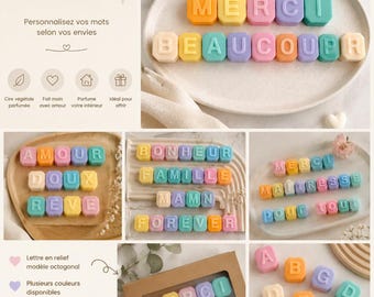 Fondants parfumés artisanaux – Cire végétale lettres– Parfums de Grasse – Idée cadeau bohème chic