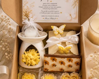 Set de regalo de ceras aromáticas Monoi con aroma a vainilla – Quemador de cera y ceras aromáticas – Regalo para mujeres – Maison Melunah