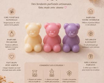 Fondants parfumés artisanaux – Cire végétale oursons– Parfums de Grasse – Idée cadeau bohème chic