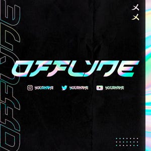 May include: A black and white digital art design with the text "OFFLINE" in a holographic iridescent font. The text is in a futuristic style with a bold, rounded font. The background is black with a holographic iridescent effect. The design includes social media icons for Instagram, Twitter, and YouTube.