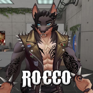 May include: An anthropomorphic wolf character with dark fur and bright blue eyes, wearing a brown leather jacket adorned with metal spikes on the shoulders and various pins. The character features black tribal-style tattoos on the arms and chest.