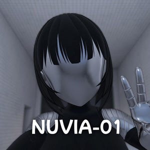May include: A humanoid figure with black hair and a smooth, featureless silver face. The figure has metallic silver arms and is making a peace sign with one hand. The text NUVIA-01 is displayed in white letters at the bottom center of the image.