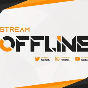Może przedstawiać: Grafika cyfrowa z napisem "STREAM OFFLINE" w kolorze pomarańczowym i czarnym. Zawiera ikony mediów społecznościowych dla Twittera, Instagrama i YouTube, z symbolami zastępczymi dla nazw użytkowników. Projekt zawiera geometryczne kształty.
