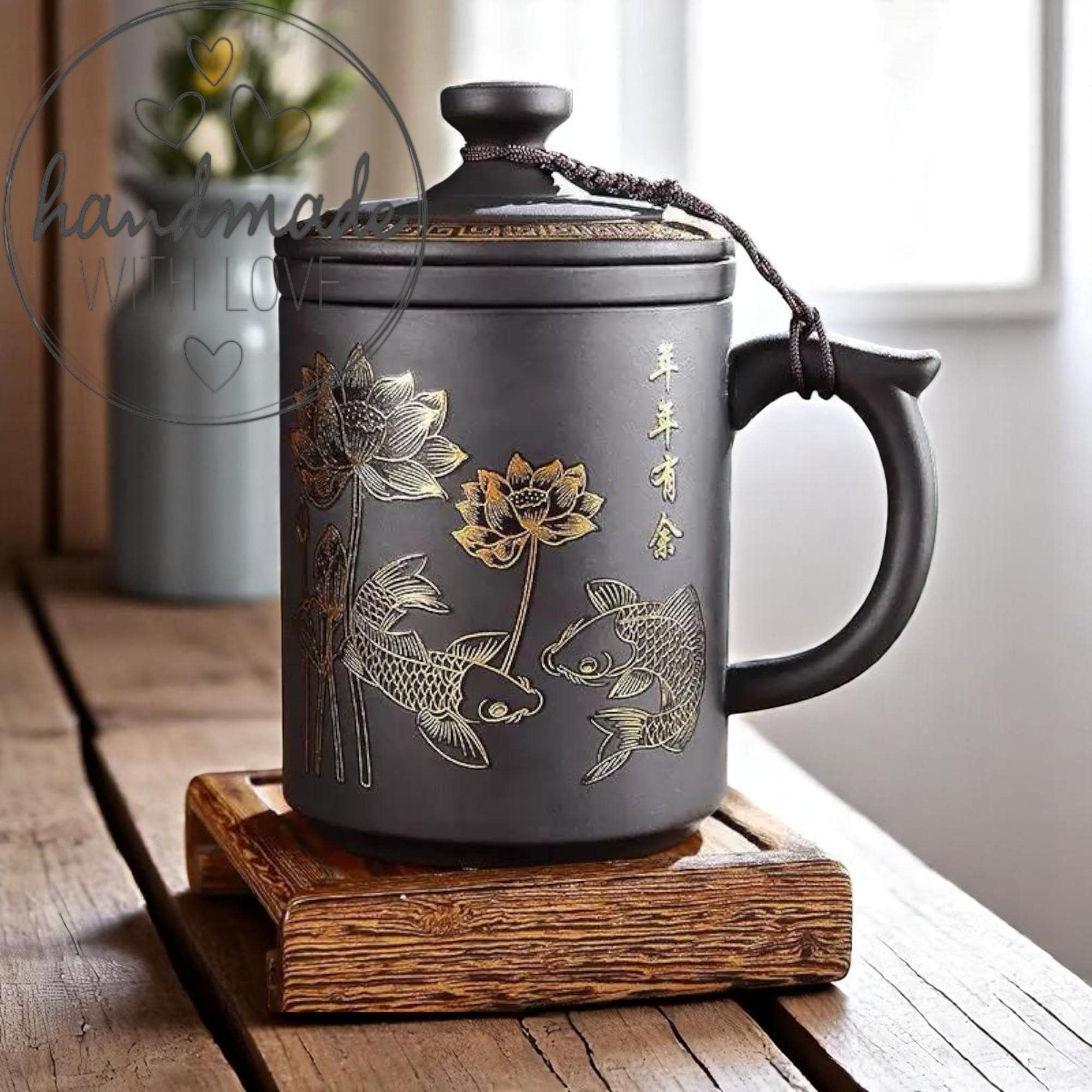 Taza de té de cerámica de arena morada con tapa y filtro – Taza de agua para oficina – Taza de té para el hogar – Separador de agua para té – Regalo de estilo chino