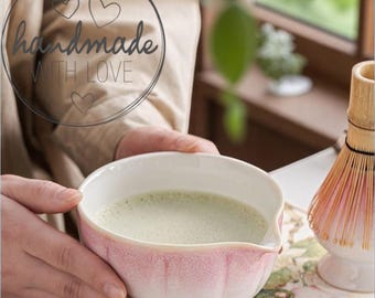 Rosa Farbverlauf Matcha Schalen Set – Japanische Teetasse mit Schneebesen & Rührer – Matcha-Werkzeug Pinsel aus Keramik – Kontrastfarbe Tee-Utensilo
