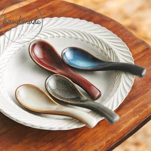 Aesthetic Asian Ceramic Pho Ramen Noodle Spoons | Elegant Red & Blue Soup Spoons for Cereal, Soups, and Noodles | Handcrafted Ceramic Spoons