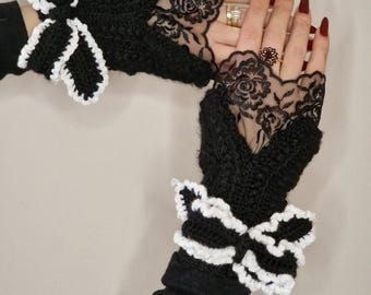 Dark Coquette Crochet Pattern, Vintage Style Black Bow Gloves, Elegant Lace
