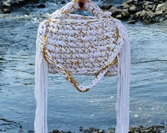 Boho Fringe Crochet Bag Pattern, White and Gold Purse Tutorial (PDF and Canva Guide)