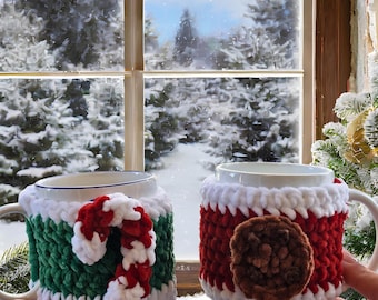 Christmas Crochet Mug Cozy Pattern, Candy Cane & Cookie, Velvet Yarn (PDF)