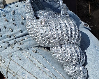 Silver Crochet Seashell Bag: Metallic Boho Shoulder Purse