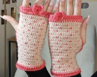Crochet Heart Fingerless Gloves Pattern, Coquette Wrist Warmers (PDF Digital Download)