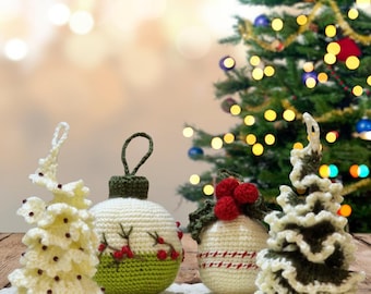 4-in-1 Christmas Crochet Pattern Bundle, Vintage Bauble & Spiral Tree Ornaments