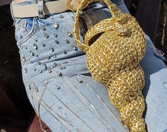 Gold Crochet Seashell Bag: Metallic Boho Shoulder Purse