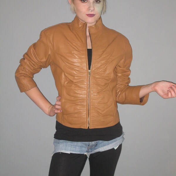 Ruched 70s WHISKEY fitted leather jacket short and sweet