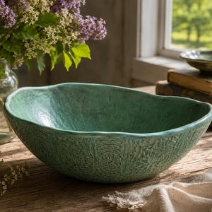 May include: A large, oval-shaped ceramic bowl with a textured, sea-green exterior featuring intricate, swirling patterns. The interior of the bowl is smooth with a glossy finish, while the rim has an organic, slightly uneven shape.