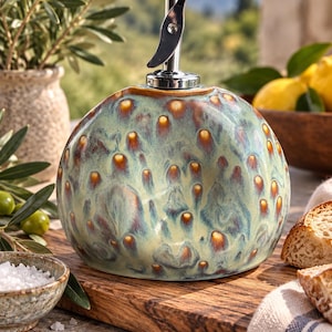 May include: A round ceramic oil dispenser featuring a reactive glaze in shades of sage green and blue with distinct amber-colored spots. The vessel is topped with a polished silver-colored metal pour spout mechanism for controlled liquid dispensing.