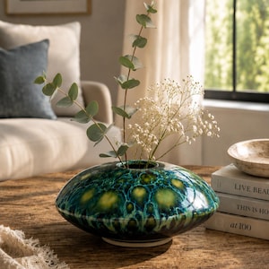 May include: A low, wide, circular ceramic vase with a glossy, mottled glaze in shades of deep teal, forest green, and lime yellow. The vase features a small central opening holding a sprig of eucalyptus and a cluster of delicate white baby's breath.